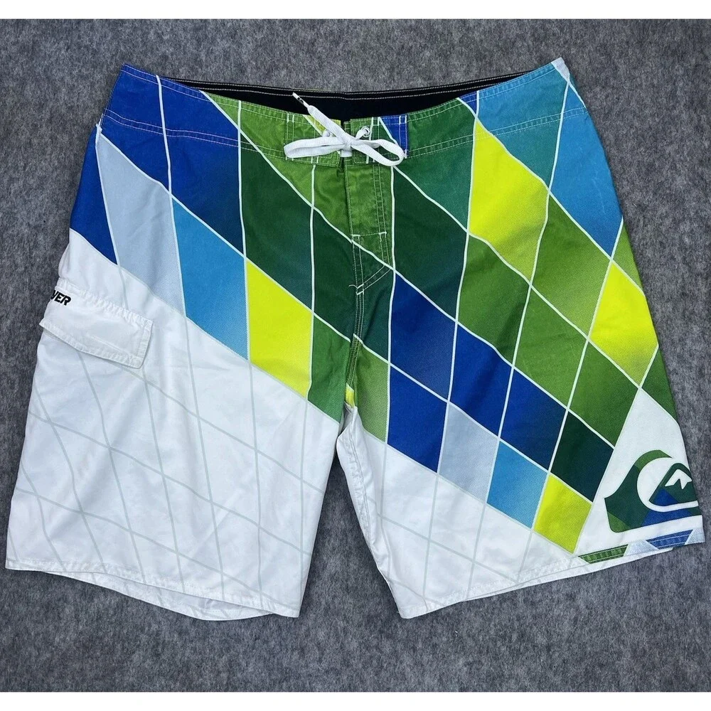 Quiksilver Men's Board Shorts White Green Drawstring Stretch Swim Trunks Size 40